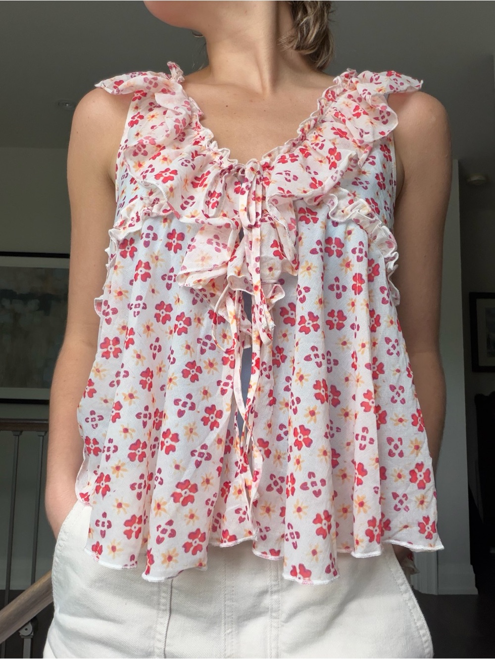 Free People White Floral Ruffle Tie-Front Camisole